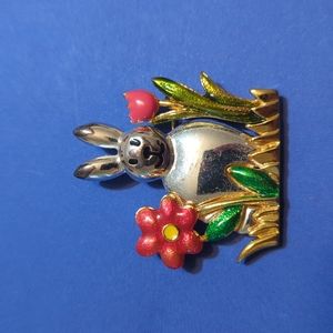 Vintage Shiny Bunny Rabbit Flowers Brooch Pin